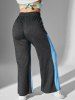 Pantalon Chiné Contrasté à Jambe Large de Grande Taille avec Poches - Bleu L