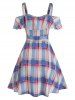 Plaid Print Cold Shoulder Button Up Belted Dress -  