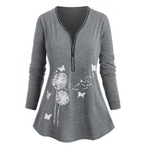 

Plus Size Floral Butterfly Print Half Zipper Tee, Light gray