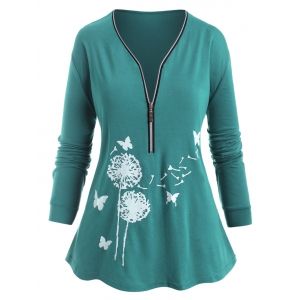 

Plus Size Floral Butterfly Print Half Zipper Tee, Green