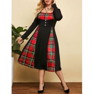 

Plus Size Plaid Godet High Waisted Long Sleeve Dress, Black