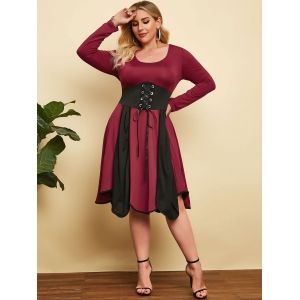 

Plus Size Two Tone Lace Up A Line Dress, Black