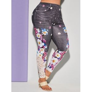 

Lace Panel 3D Print Floral Plus Size Jeggings, Black