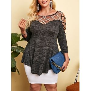 

Lattice Heathered Metallic Thread Mesh Plus Size Top, Gray