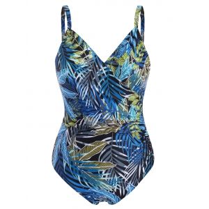 

Plus Size Tropical Leaf Ruched Front One-piece Swimsuit, Black