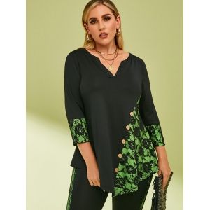 

Buttoned Notched Collar Lace Panel Plus Size Top, Black