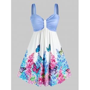 

Plus Size Ruched Floral Butterfly Print Knee Length Dress, Multi