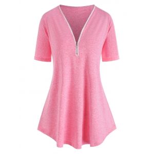 

Plus Size Space Dye Half Zip Long Tee, Light pink
