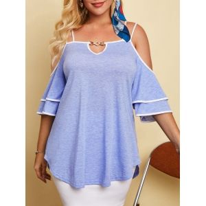 

Plus Size Binding Cold Shoulder Keyhole Tunic Tee, Light blue