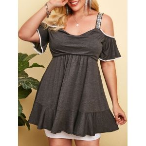 

Plus Size Lace Trim Sequins Cowl Neck Cold Shoulder Tee, White