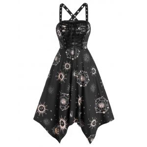 

Lace Up Sun Phase Print Crisscross Handkerchief Dress, Black
