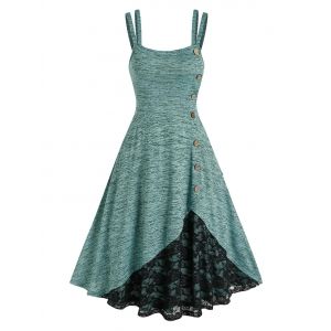 

Buttons Asymmetric Lace Insert Dress, Light green