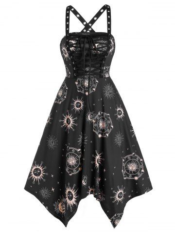 Lace Up Sun Fase Imprimir Crisscross Handkerchief Dress - BLACK - XXL