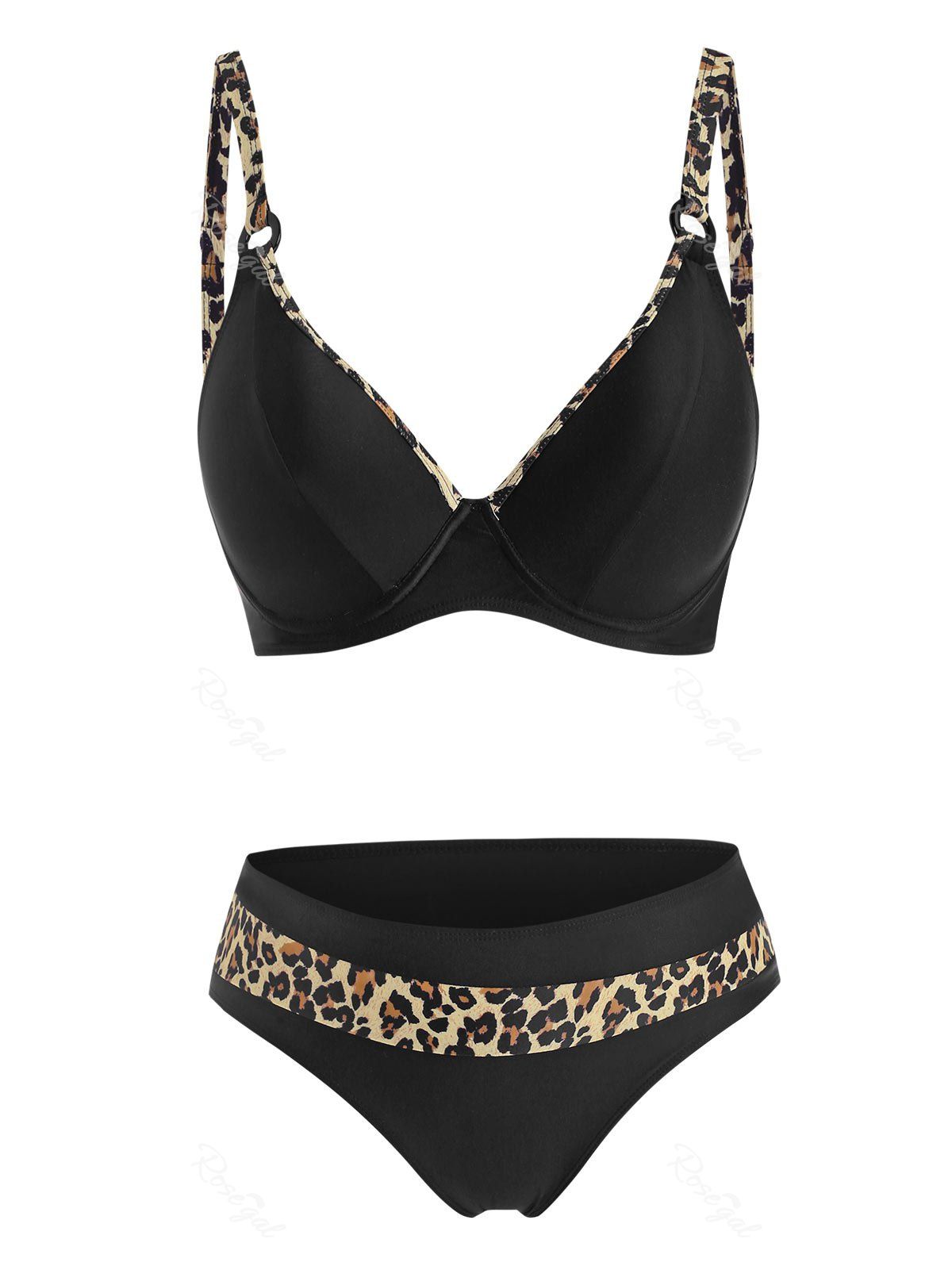 

Plus Size Leopard Panel Push Up Bikini Swimwear, Black