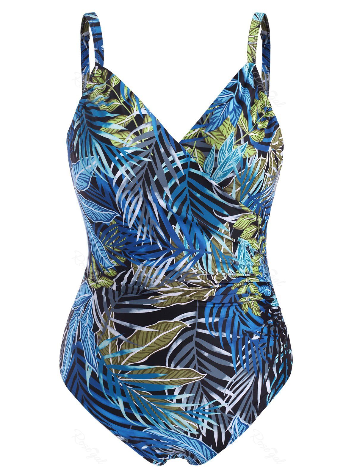 

Plus Size Tropical Leaf Ruched Front One-piece Swimsuit, Black