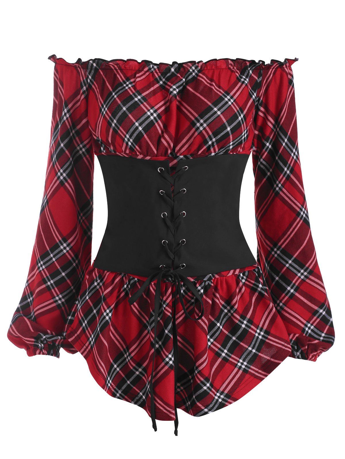 

Off Shoulder Plaid Ruffle Corset T Shirt, Red