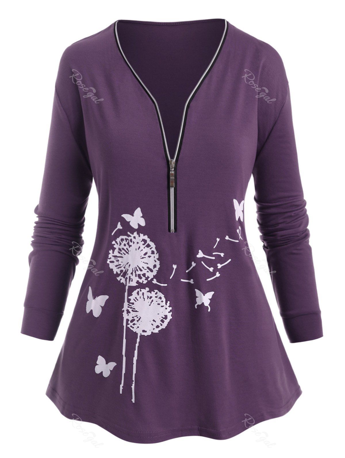 

Plus Size Floral Butterfly Print Half Zipper Tee, Purple