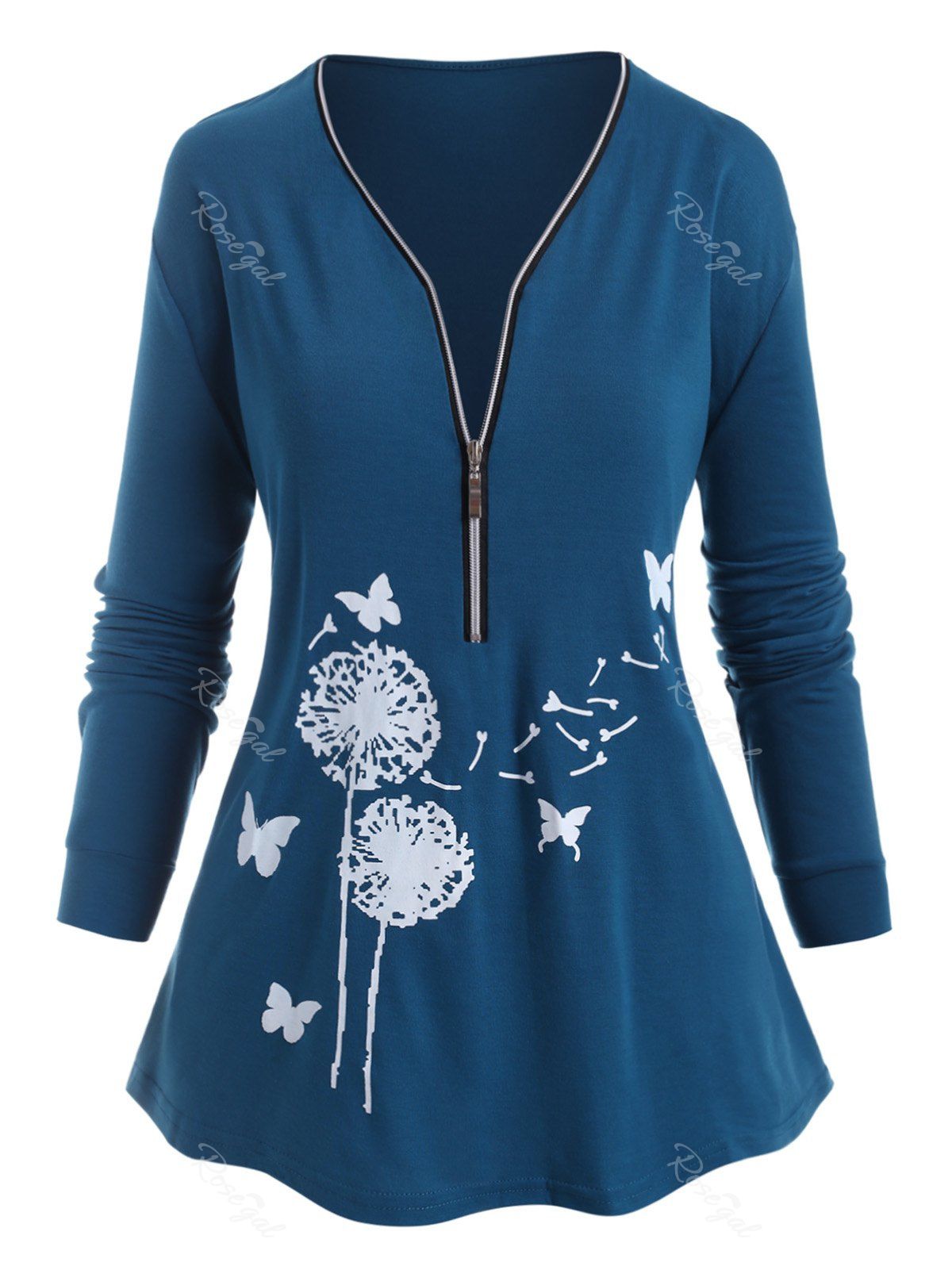 

Plus Size Floral Butterfly Print Half Zipper Tee, Blue