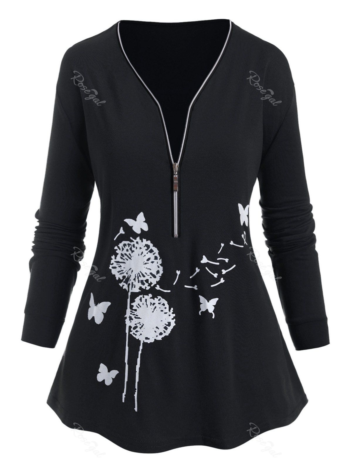 

Plus Size Floral Butterfly Print Half Zipper Tee, Black