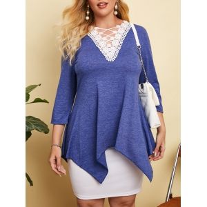 

Heathered Crochet Lace Panel Plus Size Top, Blue