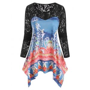 

Plus Size Lace Insert Damask Print Handkerchief T Shirt, Blue