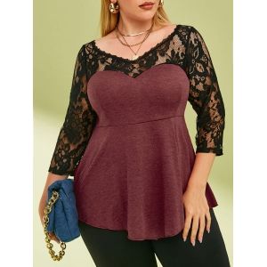 

V Neck Lace Panel Heathered Plus Size Top, White