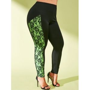 

High Waisted Lace Panel Neon Side Plus Size Leggings, Black