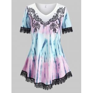 

Plus Size Tie Dye Guipure Lace Trim Short Sleeve Tee, Light pink