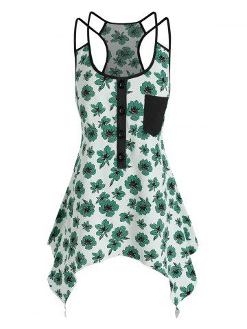 Floral Print Half Button Handkerchief Tank Top - GREEN - M