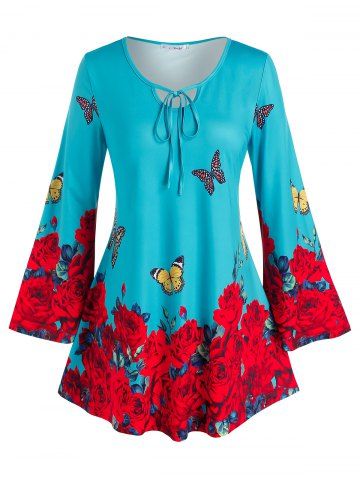 Plus Size Bell Sleeve Rose Butterfly Print Tee - BLUE - 1X