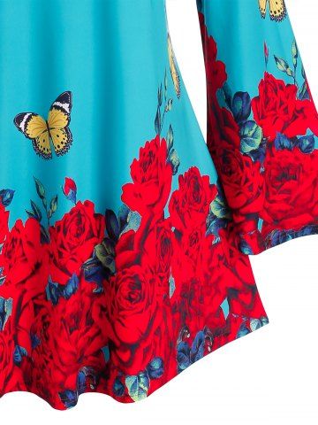 Plus Size Bell Sleeve Rose Butterfly Print Tee