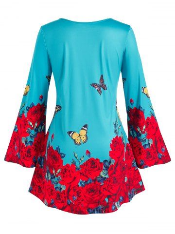 Plus Size Bell Sleeve Rose Butterfly Print Tee