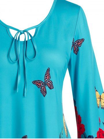 Plus Size Bell Sleeve Rose Butterfly Print Tee