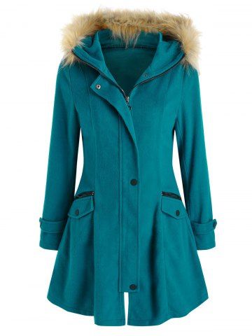 Manteau en Laine Mélangée à Capuche en Fausse Fourrure - MEDIUM AQUAMARINE - 2XL