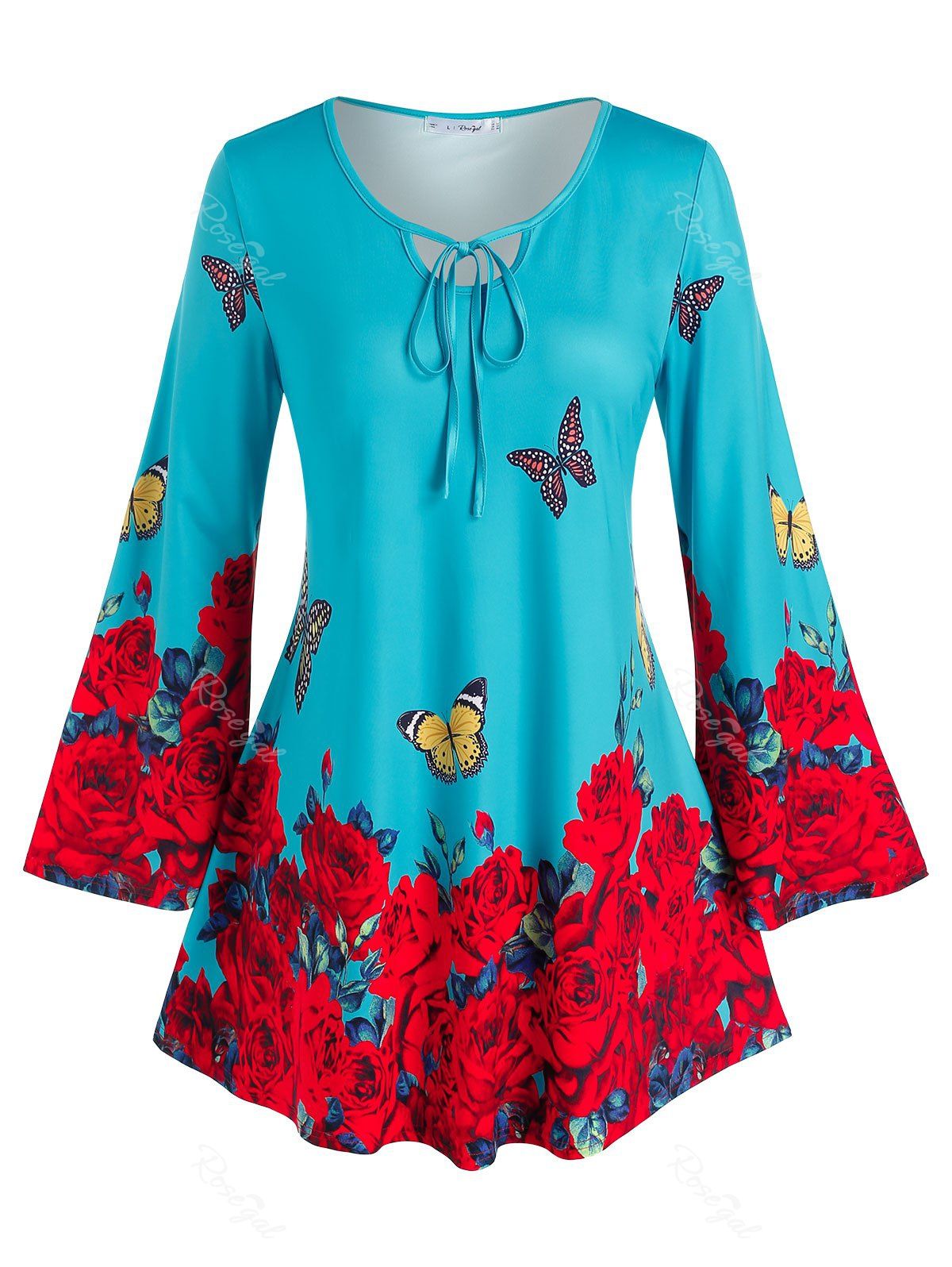 Cheap Plus Size Bell Sleeve Rose Butterfly Print Tee  