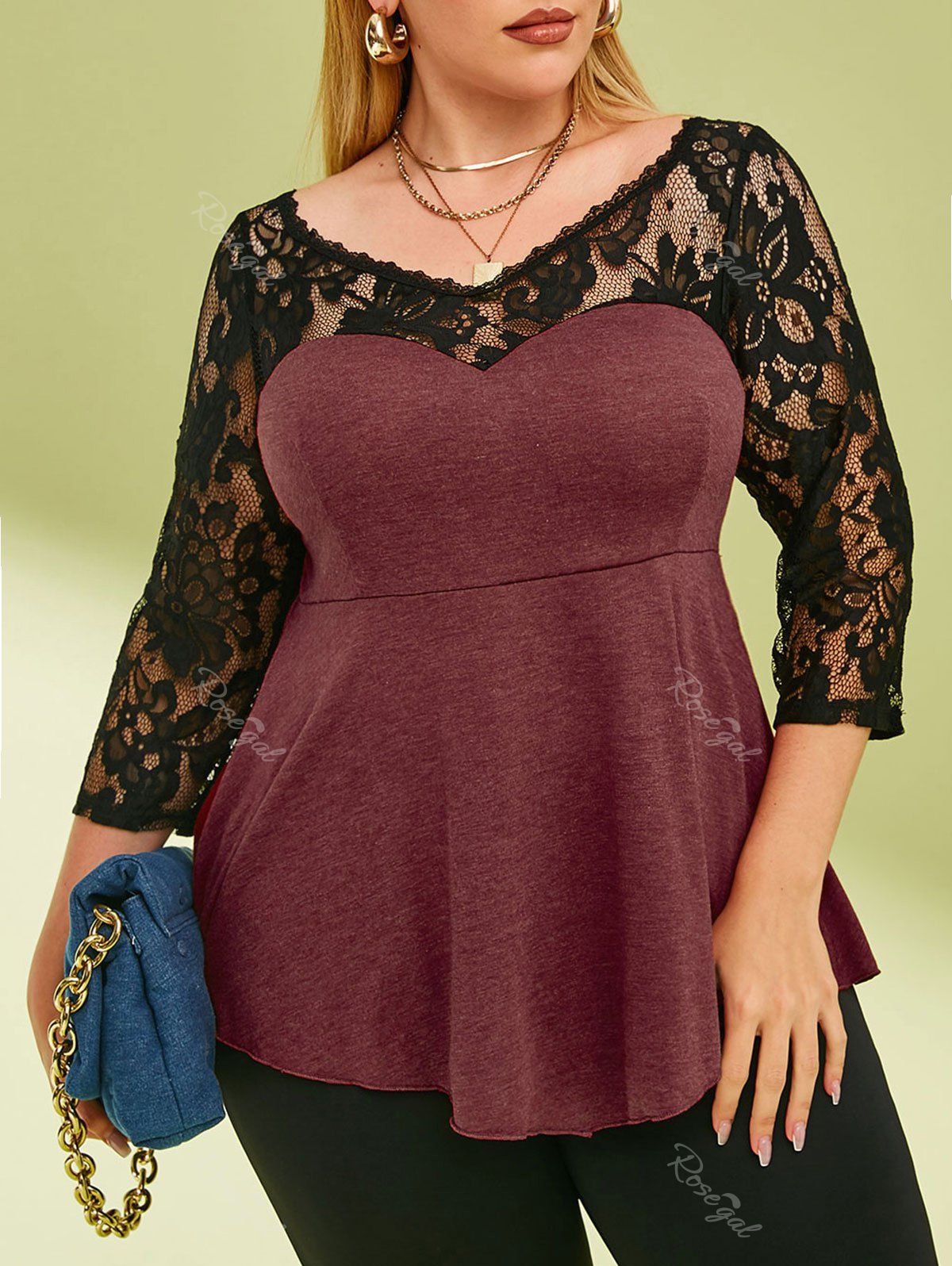 Best V Neck Lace Panel Heathered Plus Size Top  