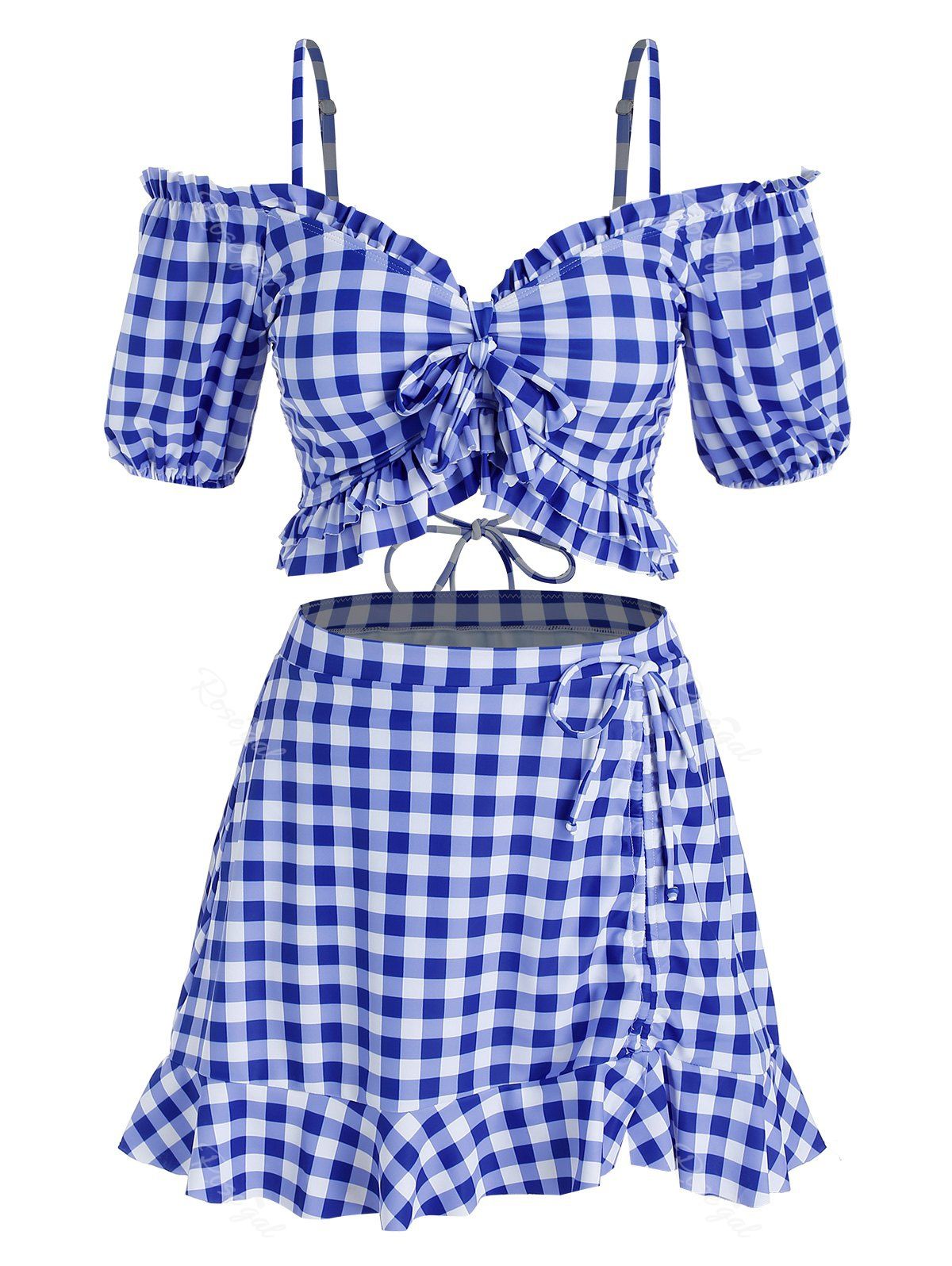 

Plus Size Bowknot Gingham Cold Shoulder Three Piece Swimwear, Blue