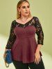 V Neck Lace Panel Heathered Plus Size Top -  