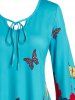 T-Shirt à Manches en Cloche à Imprimé Papillons et Rose de Grande Taille - Bleu 5X