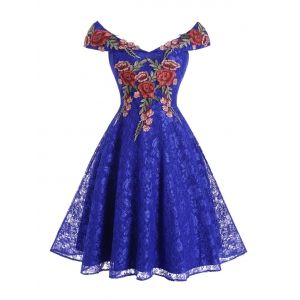 

Lace Flower Applique Off Shoulder Foldover Dress, Blue