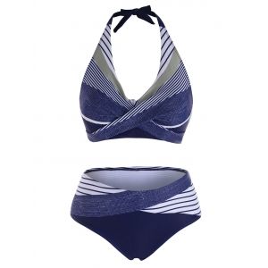 

Halter Striped Tie Cross Bikini Swimwear, Blue