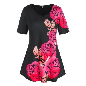 

Plus Size Floral Print Tunic Swing Tee, Black