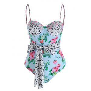 

Dalmatian Flower Print Push Up Belted One-piece Swimsuit, Multi