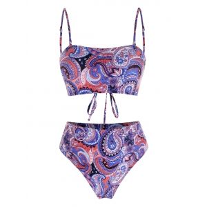 

Paisley Lace-up High Waisted Bikini Swimwear, Multi