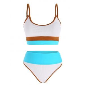 

Ribbed Colorblock High Rise Piping Tankini Swimwear, White