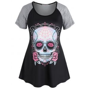 

Plus Size Skull Print Raglan Sleeve Gothic Tee, Black