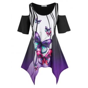

Plus Size Handkerchief Cold Shoulder Butterfly Print Tee, Purple