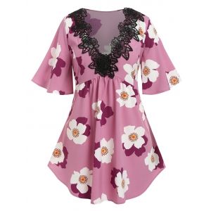 

Plus Size Flower Applique Panel Flutter Sleeve Tunic Blouse, Light pink