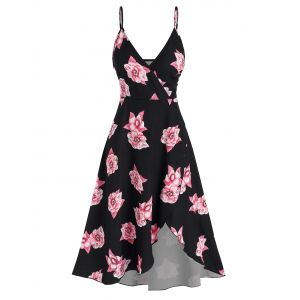

Floral Print High Low Midi Surplice Dress, Black