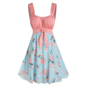 

Holiday Pleated Front Knot Flower Printed Dress, Multi